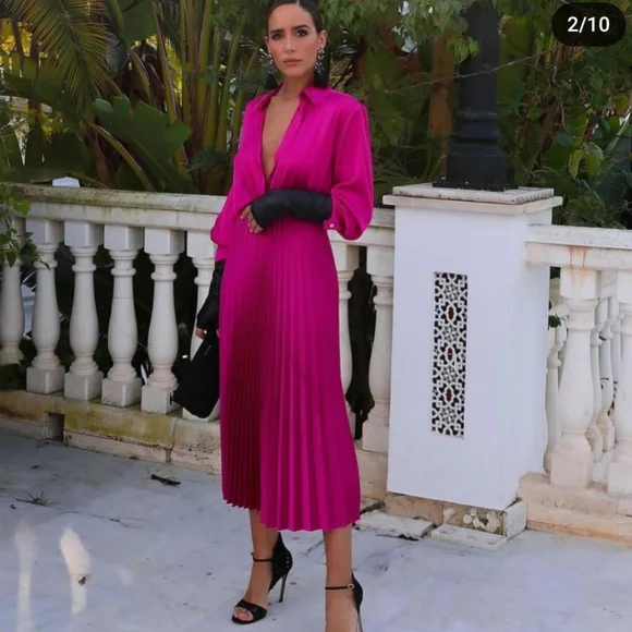 ZARA SATIN EFFECT PLEATED MIDI SKIRT FUCHSIA PINK M L NWT elastic waist - Picture 3 of 9